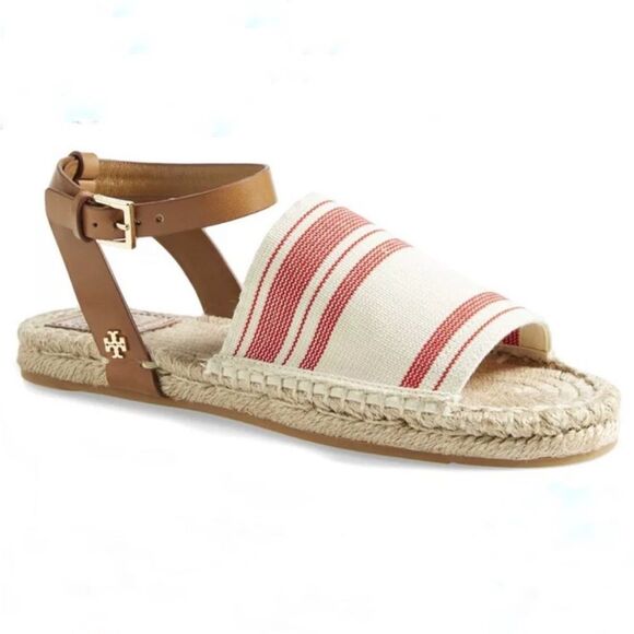 Tory Burch Espadrille Awning Stripe Leather Strap Sandals - Picture 1 of 9